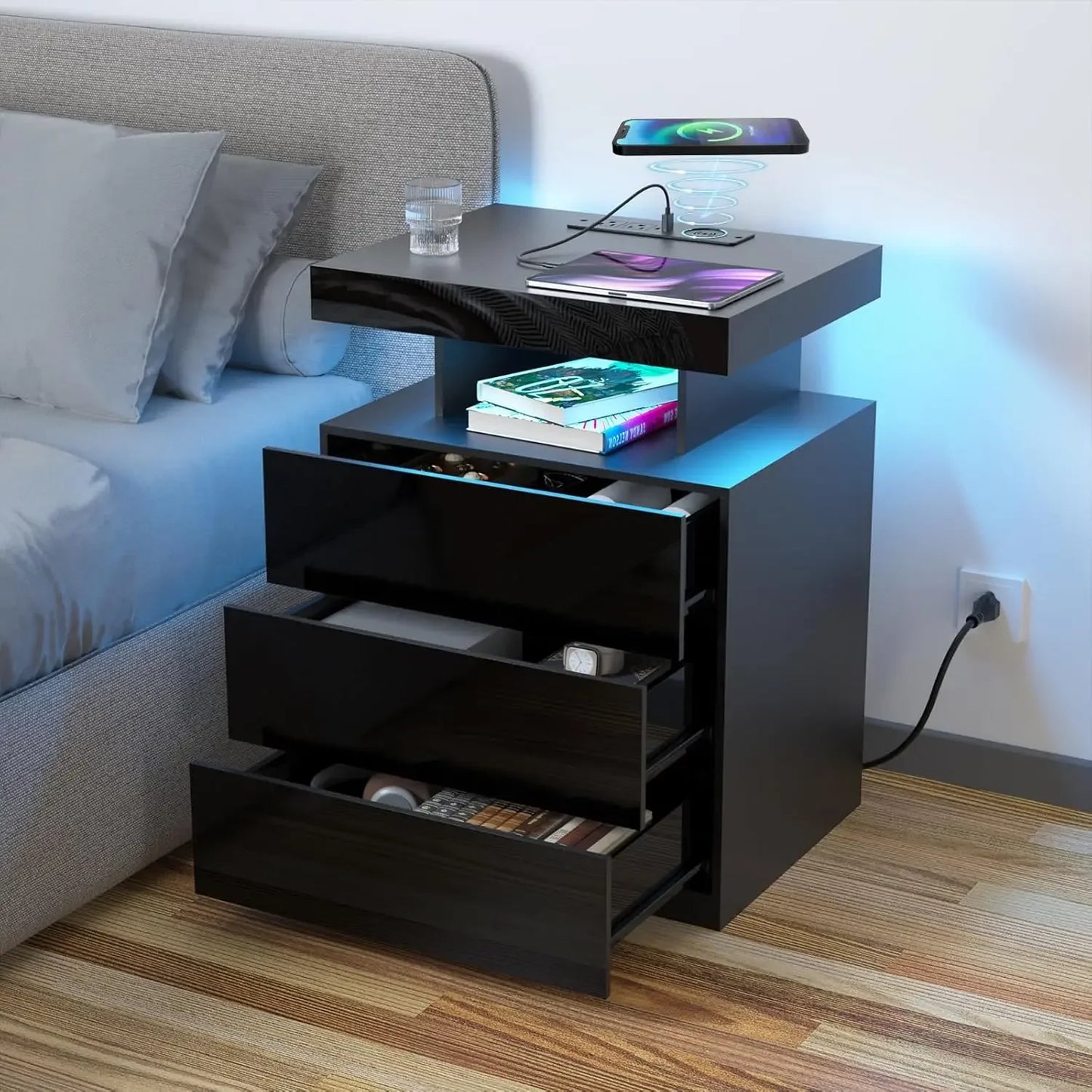GUANGBAI LED Nightstand With Wireless Charging USB Ports