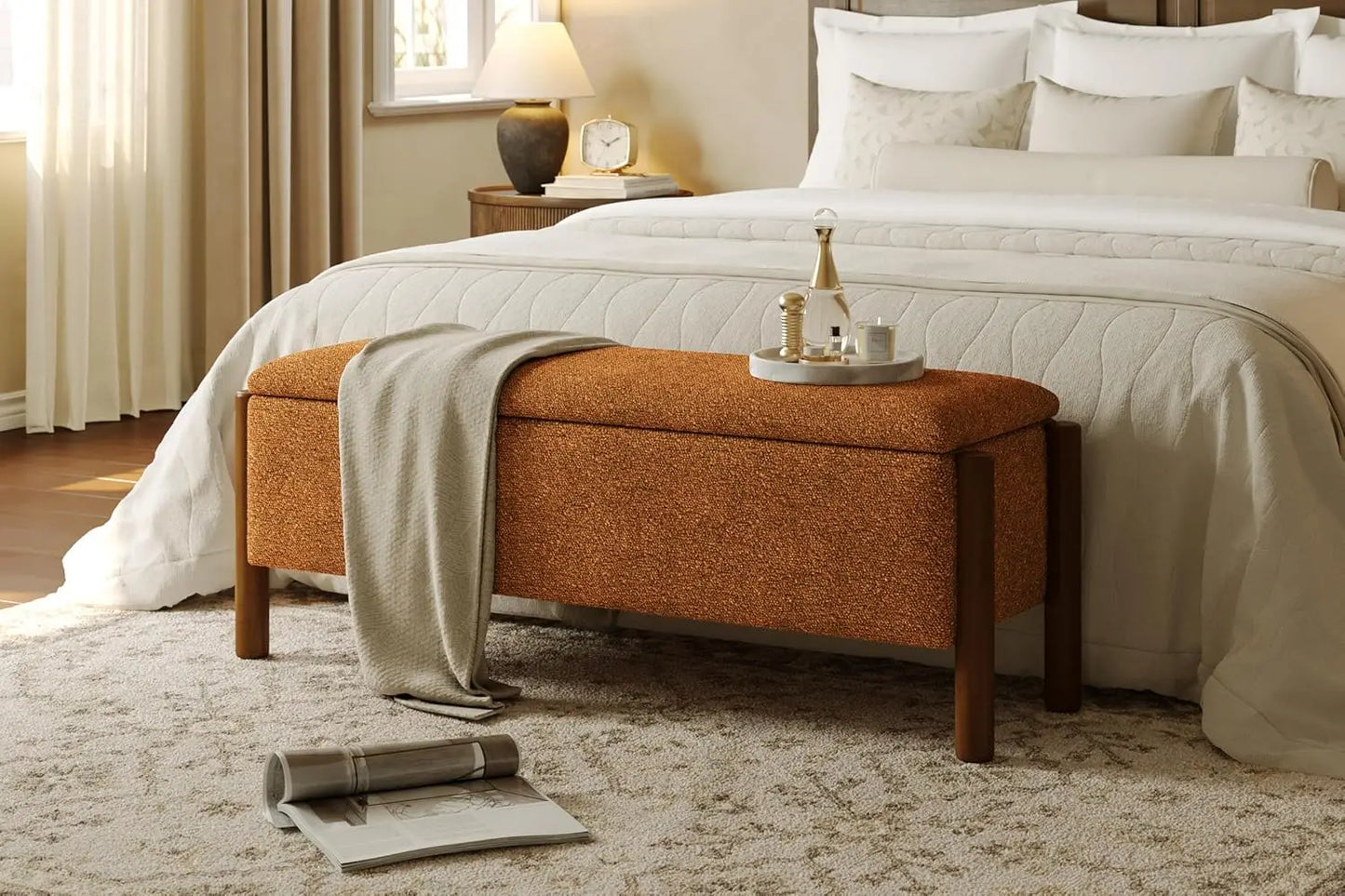 HUANZHUANG Modern Storage Bench With Walnut Legs Ottoman