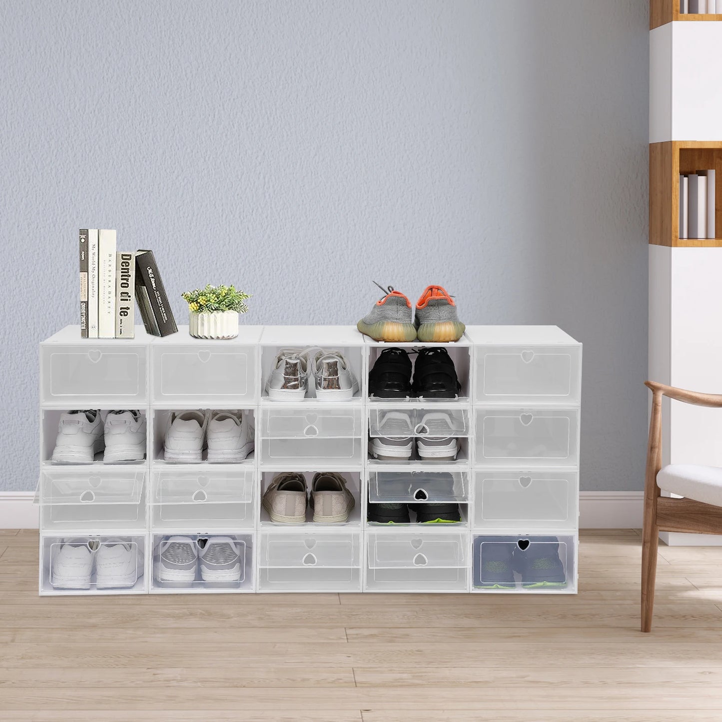 20/24 PCS Shoe Boxes White Large (Round Hole/Love) Thick Version,Transparent Shoes Organizers,Stackable Combined Shoe Cabinet