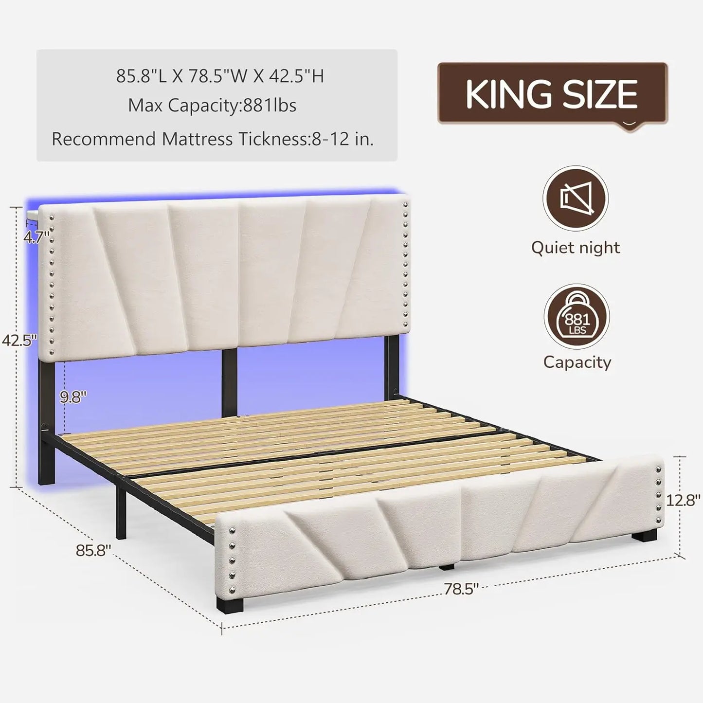 XMSJ Velvet Headboard Bed Frame With LED Lights And Charge