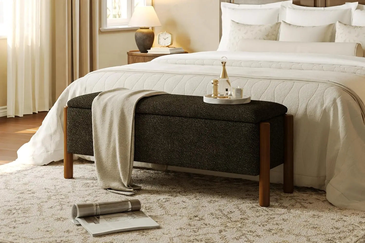 HUANZHUANG Modern Storage Bench With Walnut Legs Ottoman