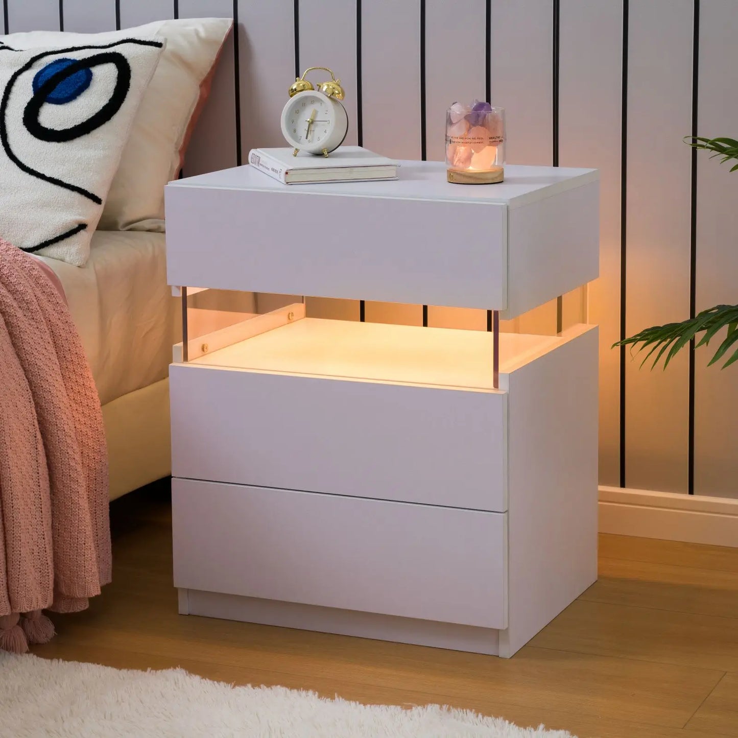 Cubehom Bedside Tables 2Pack With LED Lighting And 3 Drawers