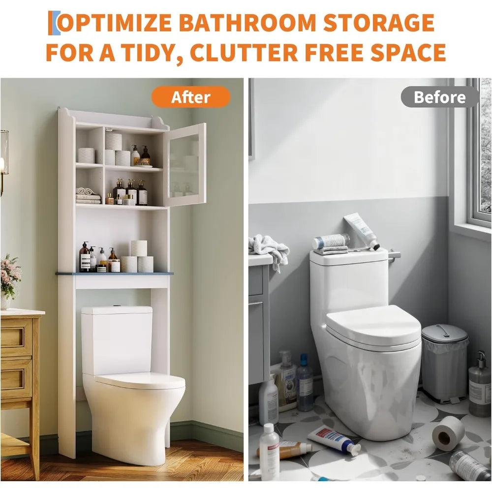 Over Toilet Storage Cabinet With Glass Door And Adjustable Shelves