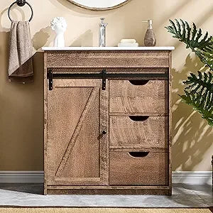 30" Farmhouse Vanity with Sink, 33.7" Tall with Sliding Barn Door, Wooden Floor Standing Cabinet w/3 Drawers & Adjustable Shelve