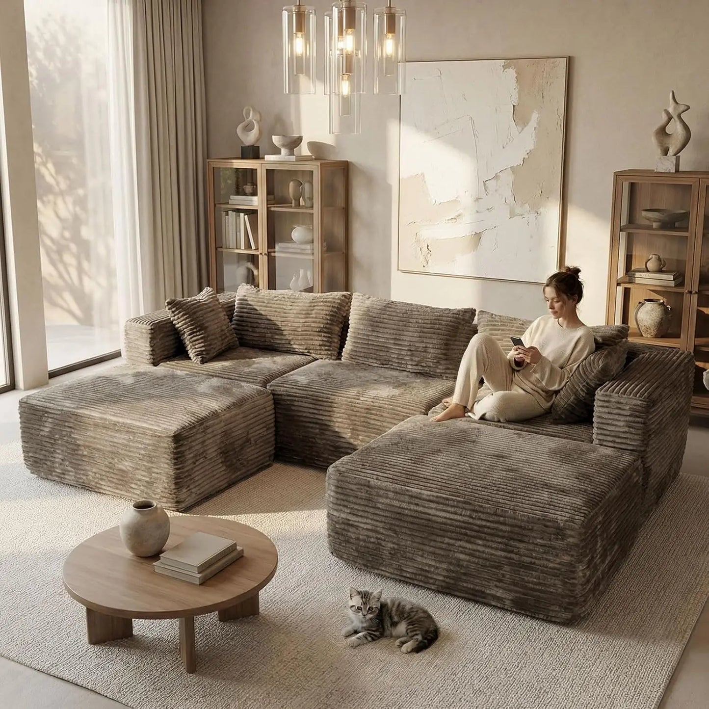 Modular Sectional Sofa With Ottomans Corduroy Upholstery