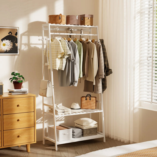 Bamboo Clothes Rail Rack Garment Stand with Top Shelf Shoe Storage Ladder Rails Hanging Display