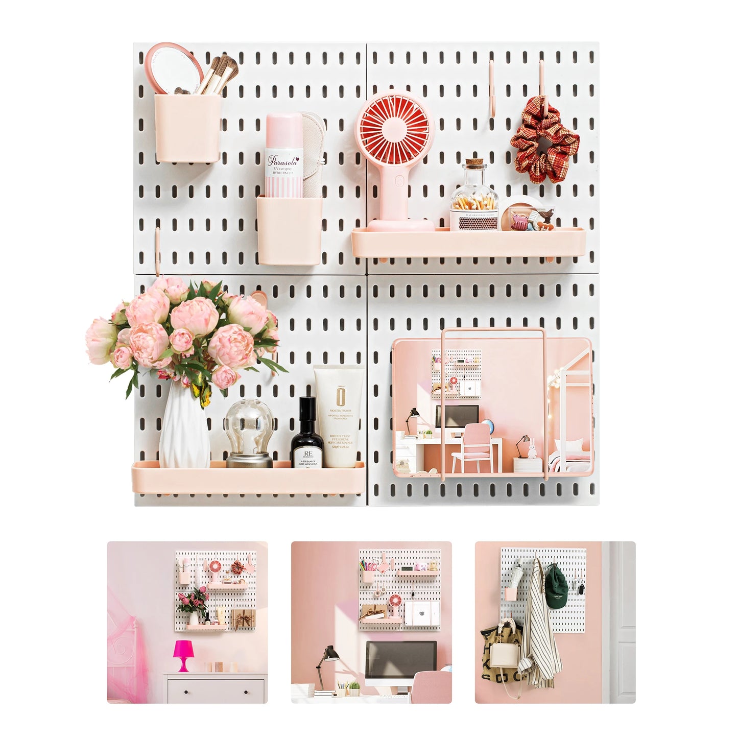 Deli Pink 4pcs Pegboard Combination Kits, Easy Storge, Free & Easy to Assemble, Two Installation Methods