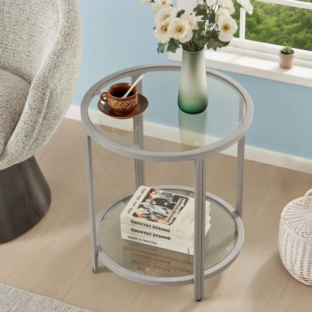 Glass End Table Two Tier Metal Frame Living Room Table