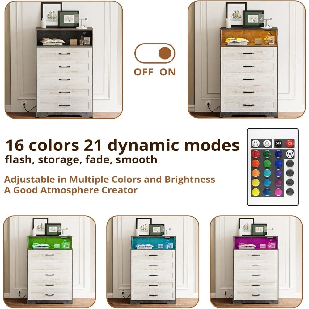 Mid Century Modern 5-Drawer Dresser With LED Lighting USB