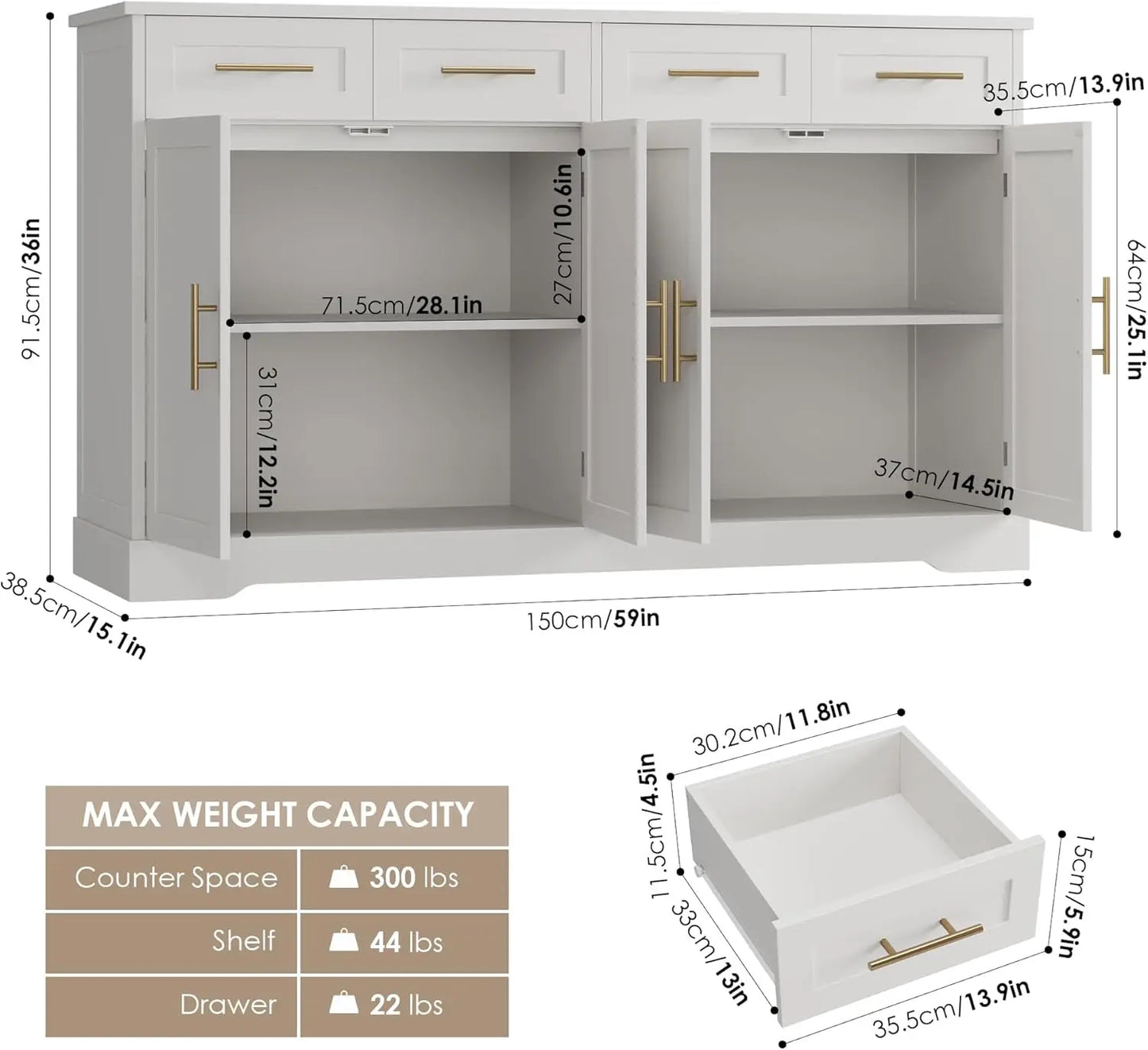 60" Large Buffet Sideboard with Storage, 36" Tall Kitchen Buffet Storage Cabinet with 4 Drawers, Modern Coffee Bar Cabinet
