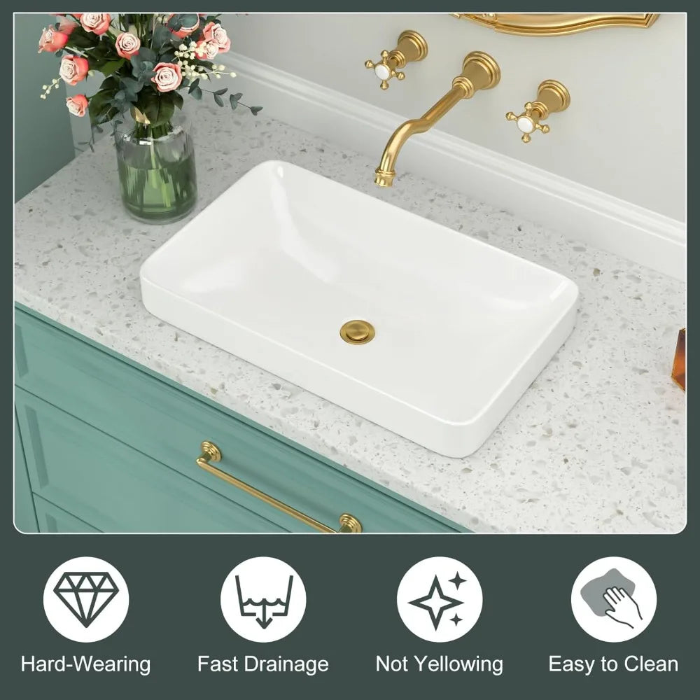 Vessel Sink-Beslend Bathroom Semi Recessed Sinks 19x12 Rectangular White Ceramic Modern Vessel Sinks Bath Wash Sink Bowl Vanity
