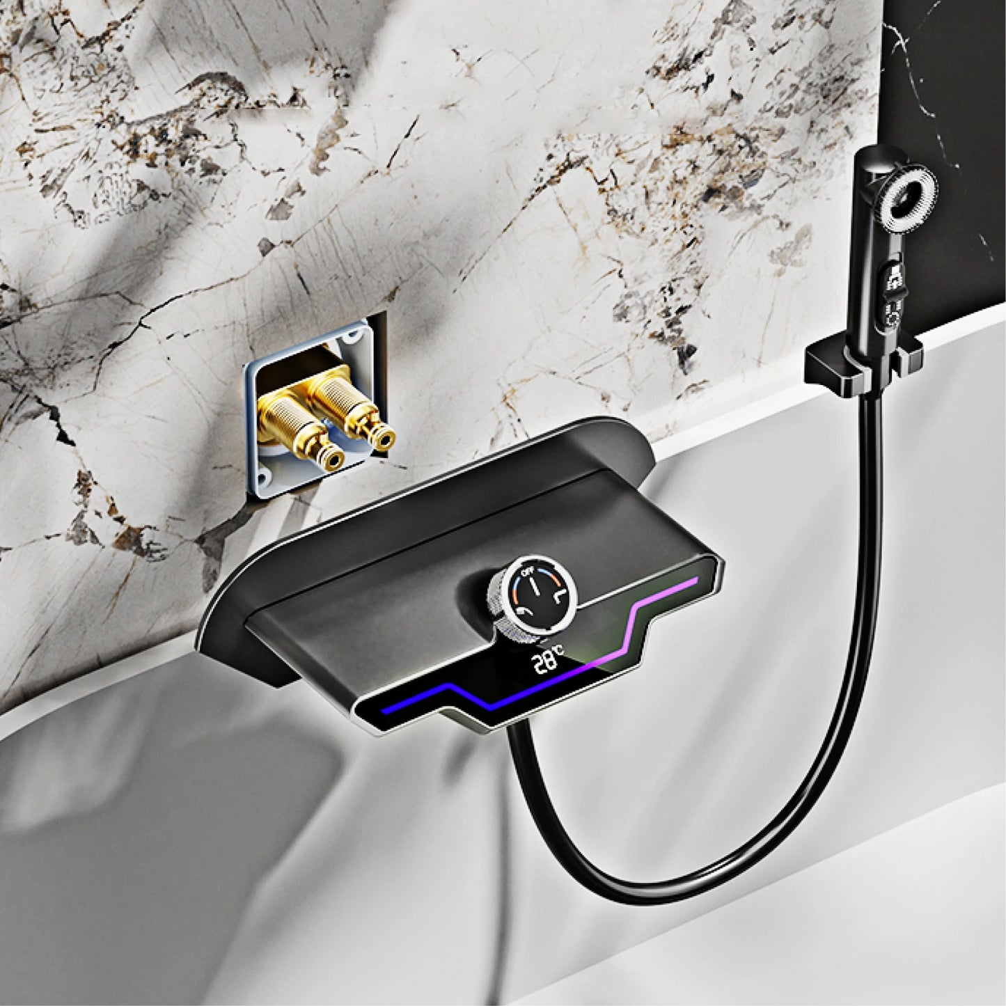 Luxury black brass wall mounted thermostatic bathroom faucet with LED digital display design, embedded hot and cold bathtub Tap