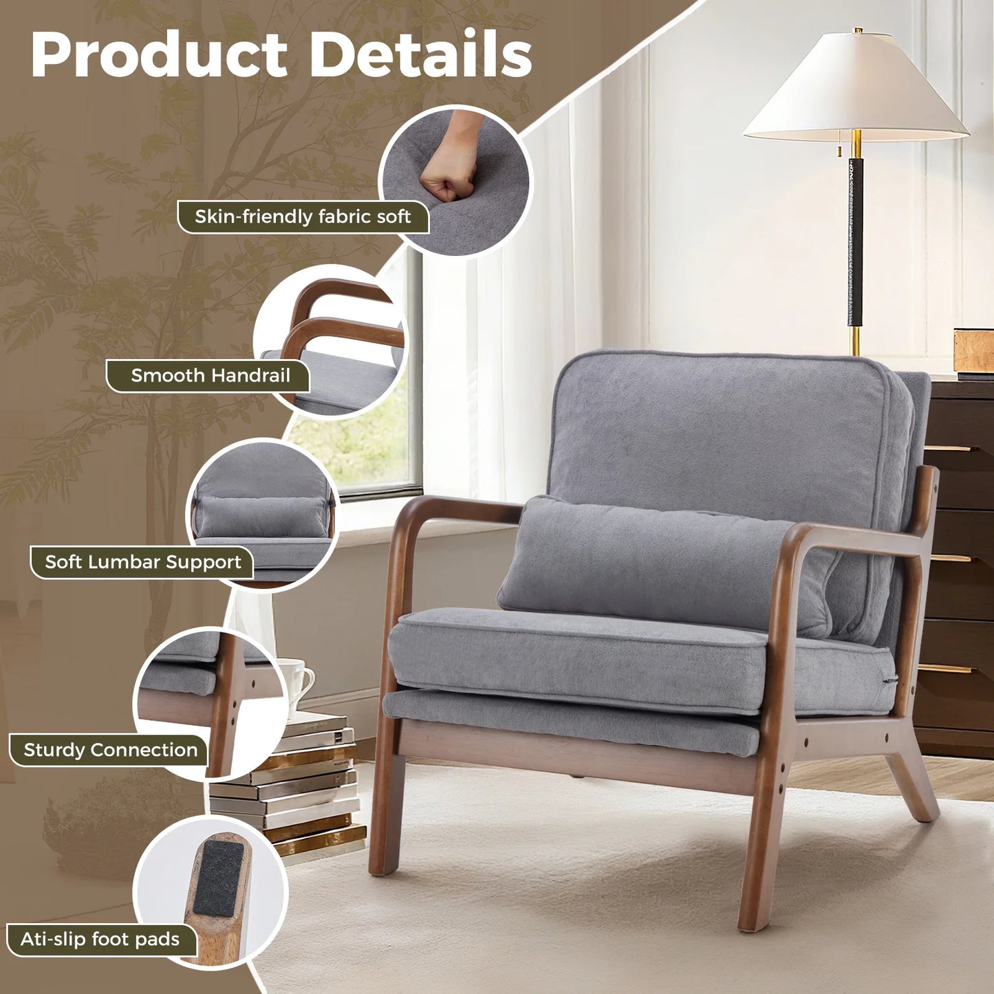 JHK Mid Century Modern Armchair With Solid Wood Frame And Cushioned Armrests