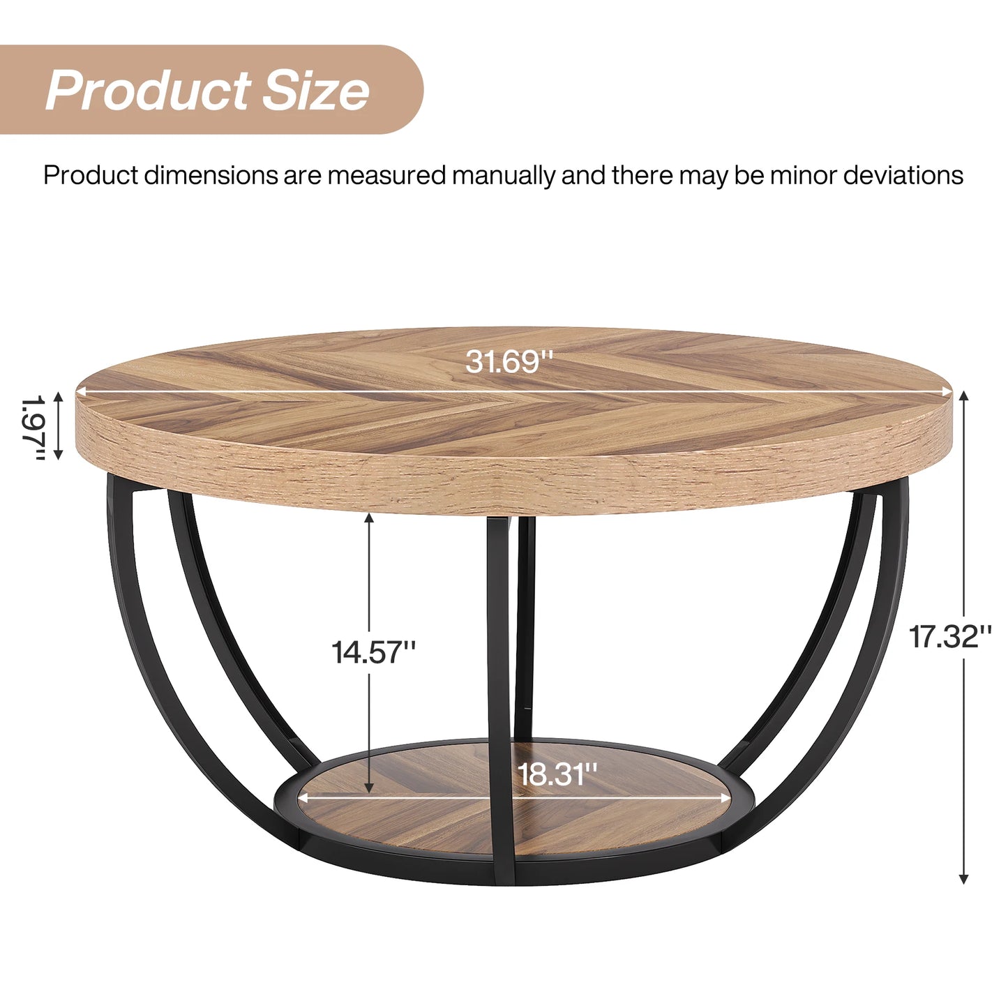 Tribesigns Round Coffee Table With Two Tier Storage Shelves