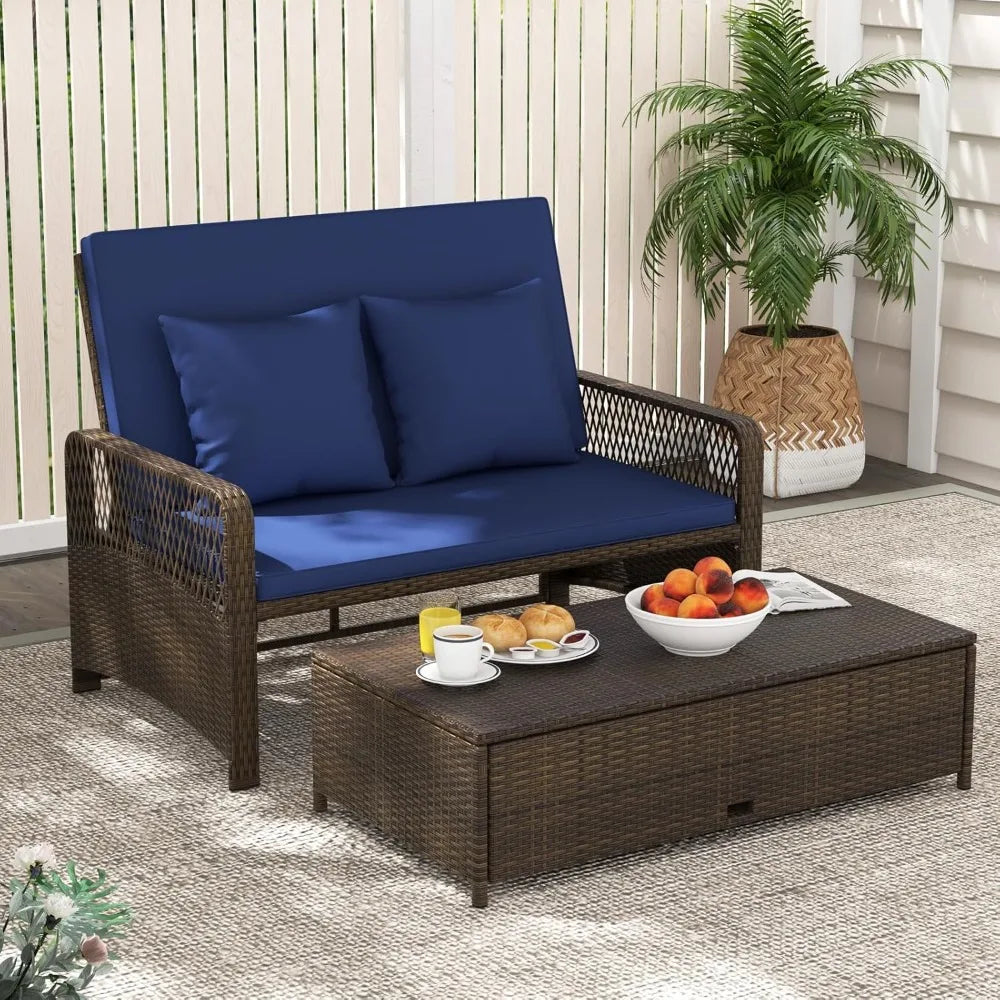 Patio Adjustable Wicker Daybed, Rattan Loveseat & Storage Ottoman w/ 4-Level Backrest & Soft Cushions, Space-Saving 2-Person Su