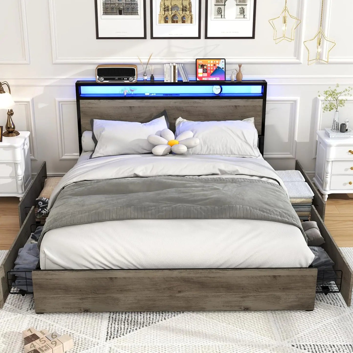 Hign-concerned LED Bed Frame With Headboard And Storage
