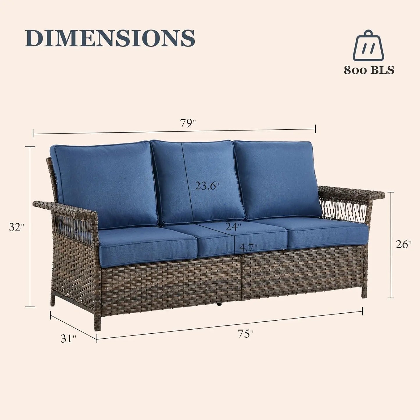 Outdoor Wicker Sofa Set with Two Ottomans and Blue Cushions for Patio, Garden, Balcony, Sunroom, and Backyard