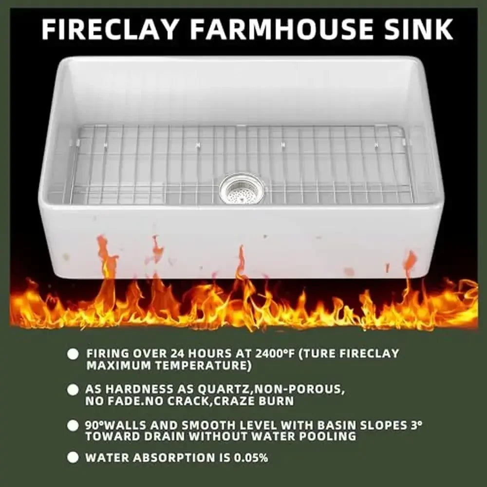 30-inch Fireclay Apron Front Single Bowl Kitchen Sink Luxury Spacious Deep Basin Farmhouse Sink with Efficient Drainage Easy