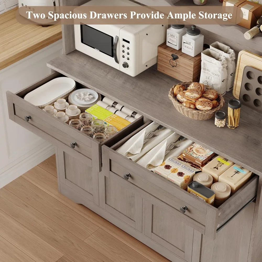 Tall Modern White Kitchen Pantry Cabinet with Charging Station, Microwave Stand, and Wine Rack