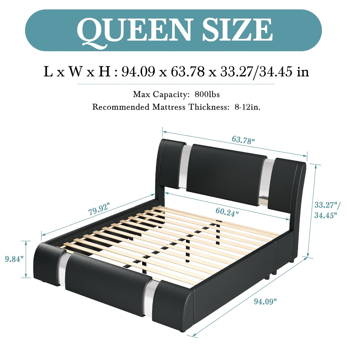 HOOMIC Modern Platform Bed Frame Faux Leather Upholstered Metal Accents