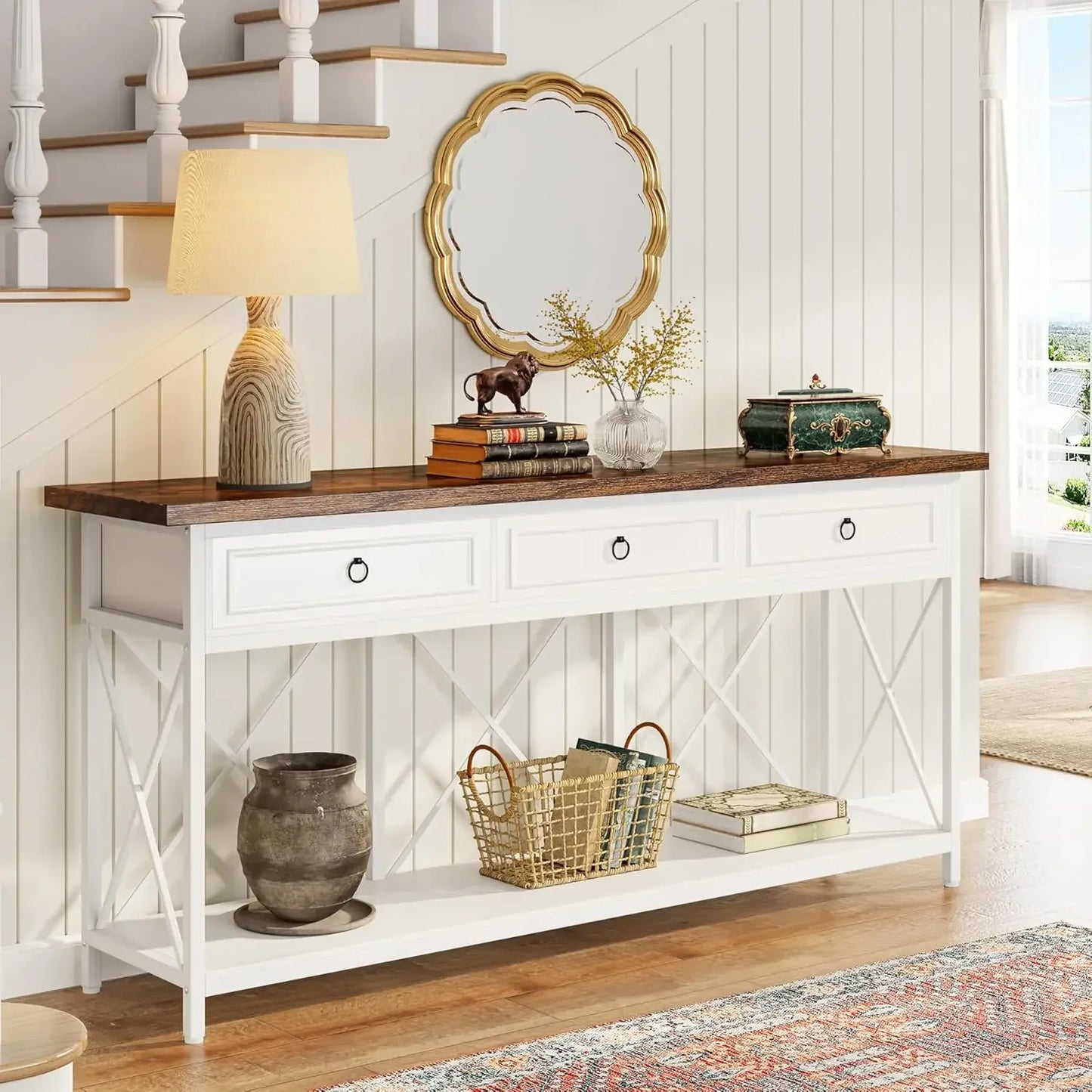 XMSJ Farmhouse Console Table With 3 Drawers And Entryway Storage Shelf