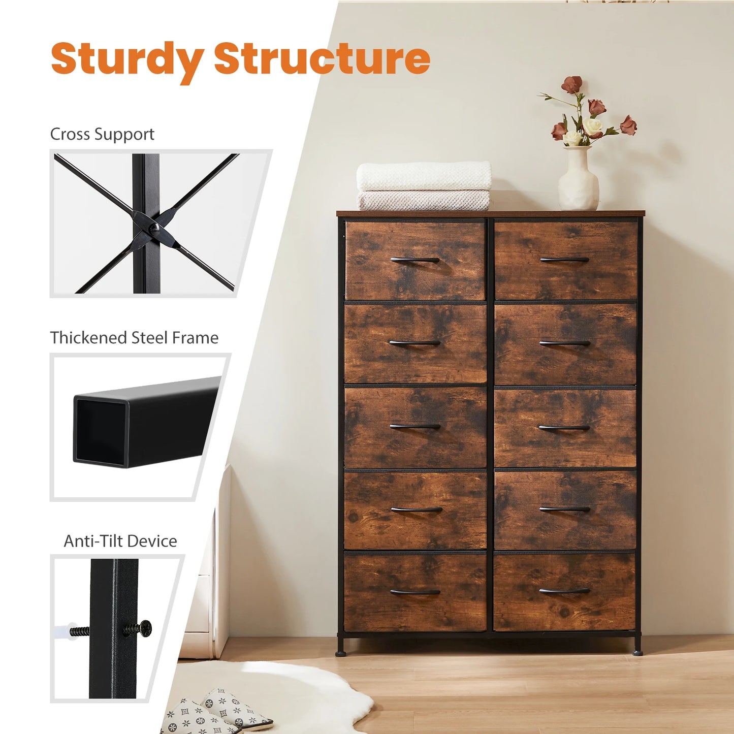 JHK Bedside Table With 10 Fabric Drawers Steel Frame Wardrobe