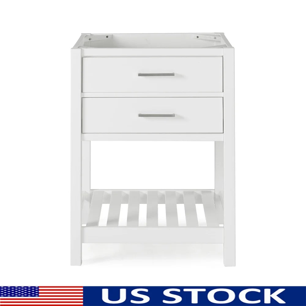 Timeless 24 Inch Vanity Cabinet Solid Pine Soft Close Drawers Nickel Hardware Space Saving Design Open Shelf Bathroom Upgrade