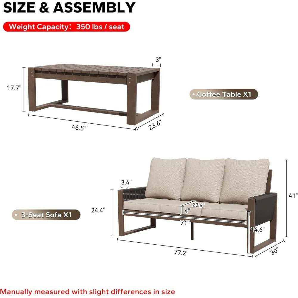 MKDK Patio Wood and PET Rope Sofa With Coffee Table