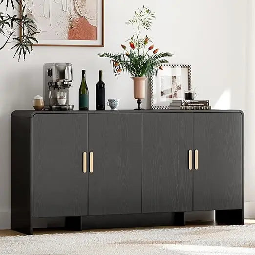 60" Sideboard Buffet Cabinet with Storage, Curved Design Farmhouse Coffee Bar Cabinet with 4 Doors & Adjustable Shelves