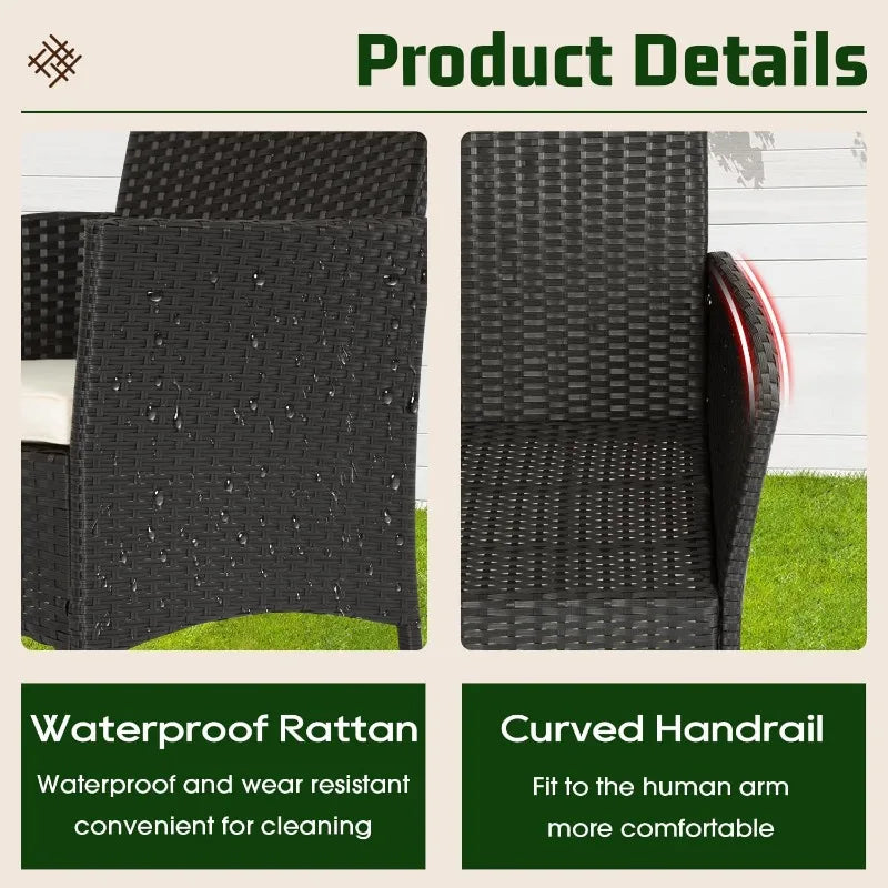 4 Piece Patio Furniture Set Black Outdoor Wicker Coffee Table Modern Rattan Chairs Conversation Set Weather Resistant