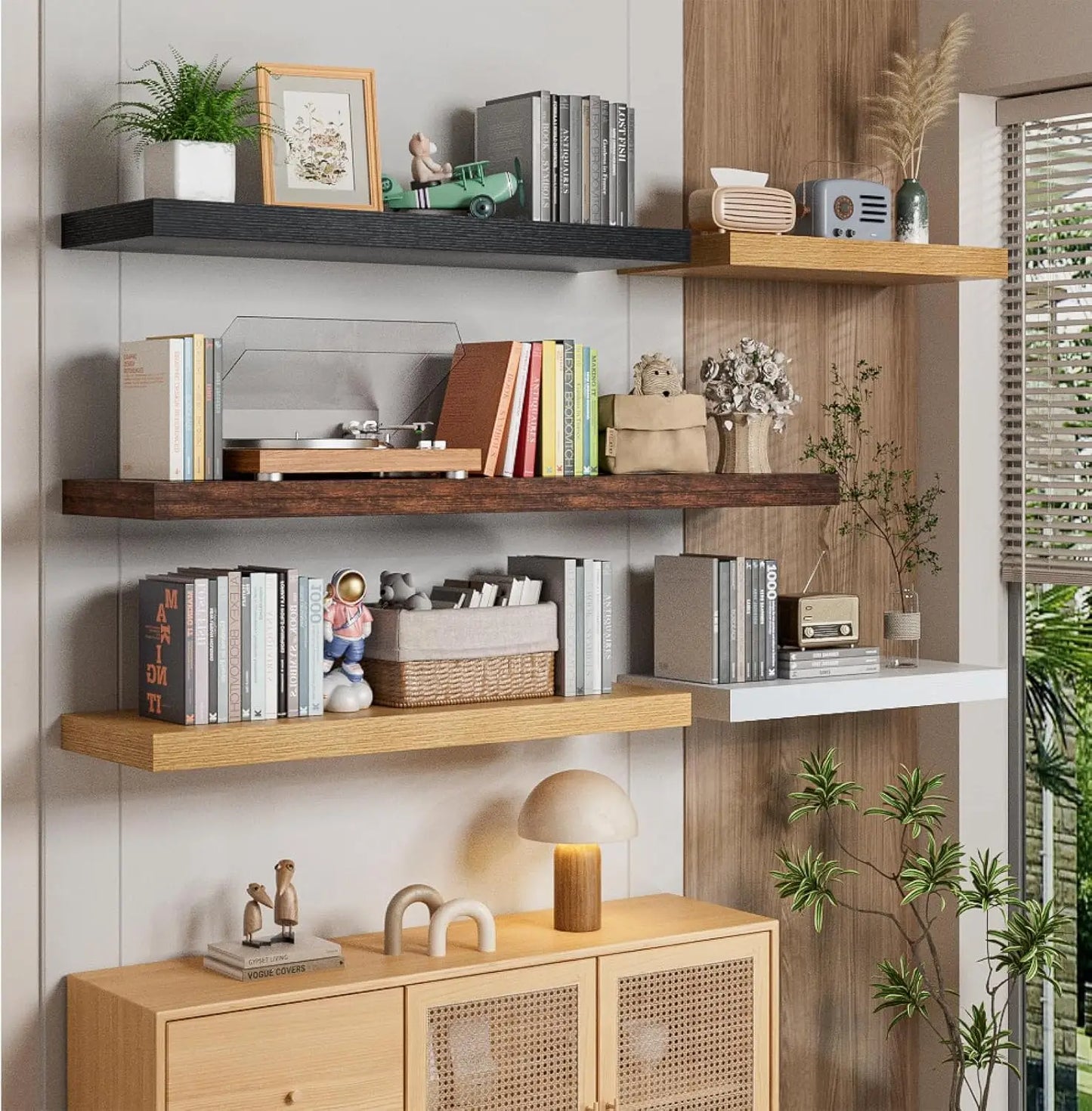 Oak Wood Floating Wall Shelves Set of 2