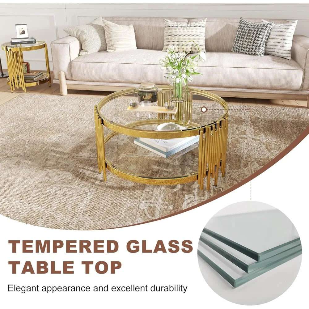 MKDK 3 Piece Glass and Stainless Steel Coffee Table Set With End Tables