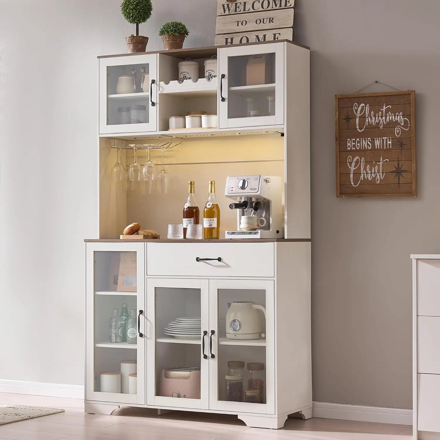 HUANZHUANG Pantry Cabinet With Coffee Bar Storage And LED Lighting