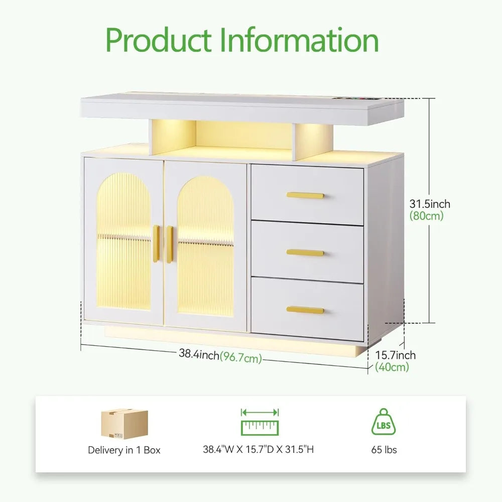 Modern LED Sideboard Buffet Cabinet With Charging Station And Lights