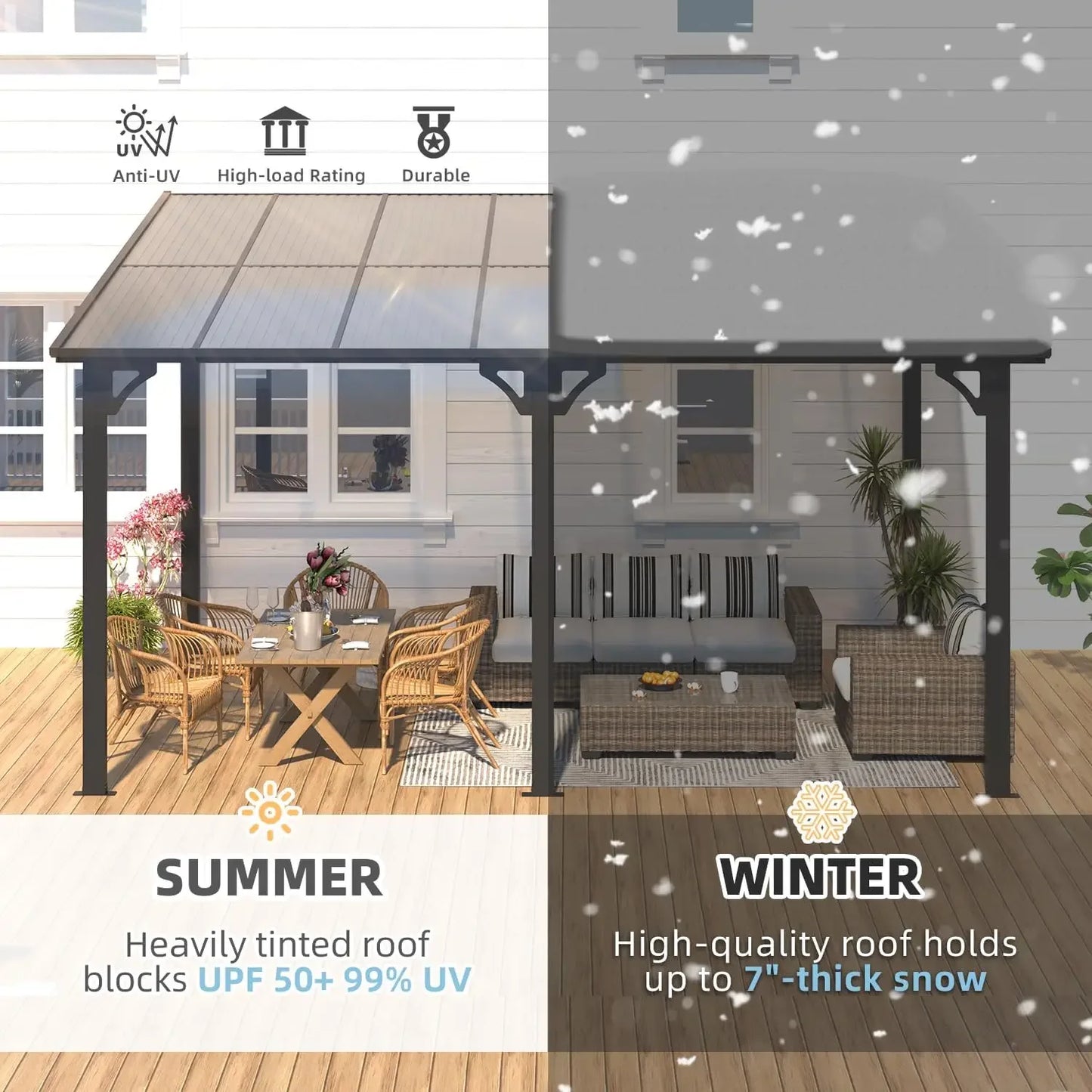 POPULAR 14' X 10' Gazebo For Patio, Hard Top Lean To Gazebo Pergola With Roof (140 Sq.Ft Shaded), Large Wall-Mounted Heavy Duty·