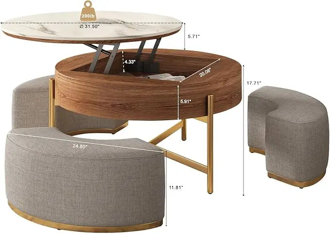 32 "coffee table set, round marble coffee table with storage and nested footstool, modern functional living room furniture set