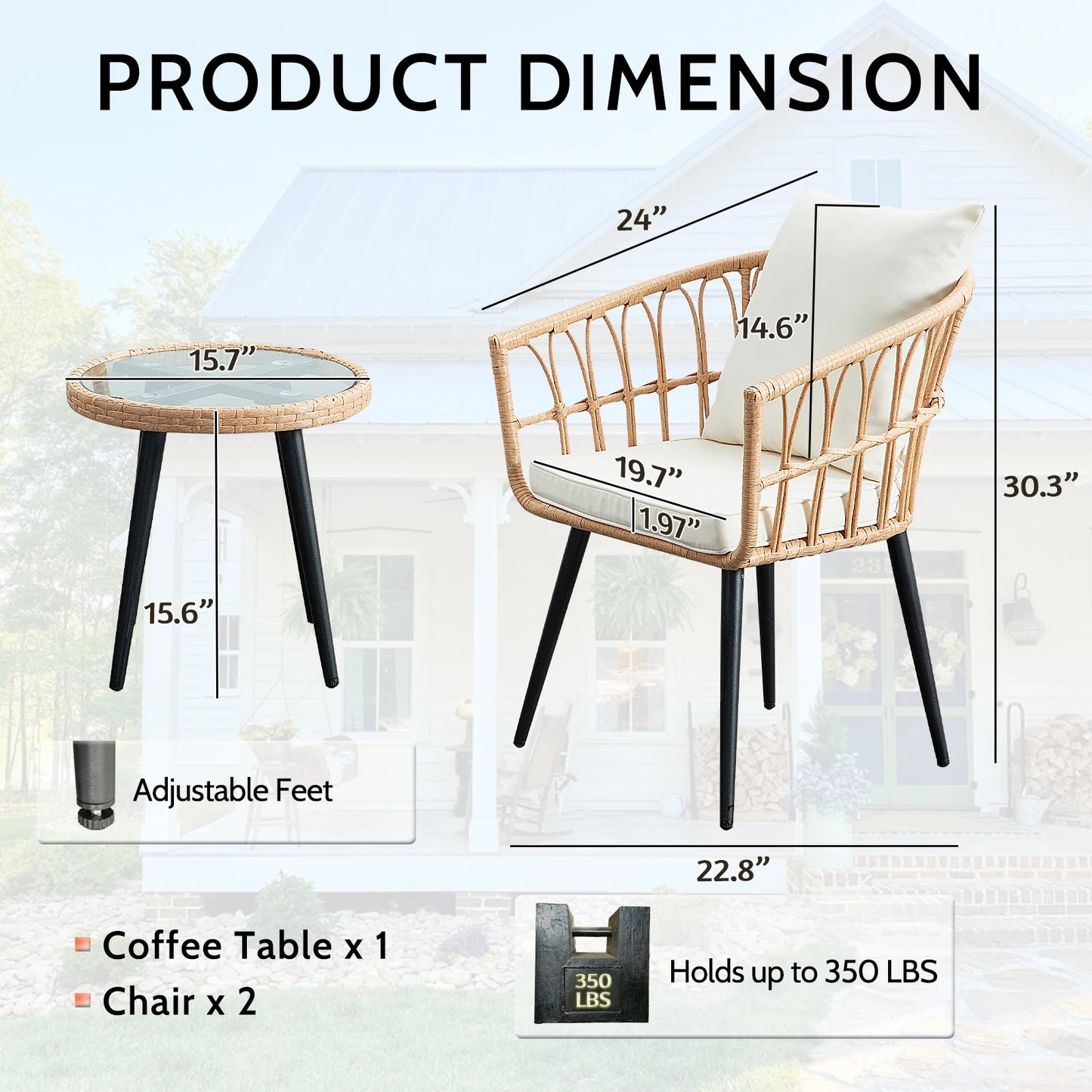 SEOGWISAM 3 Piece Outdoor Patio Wicker Chairs Cushions Table Set