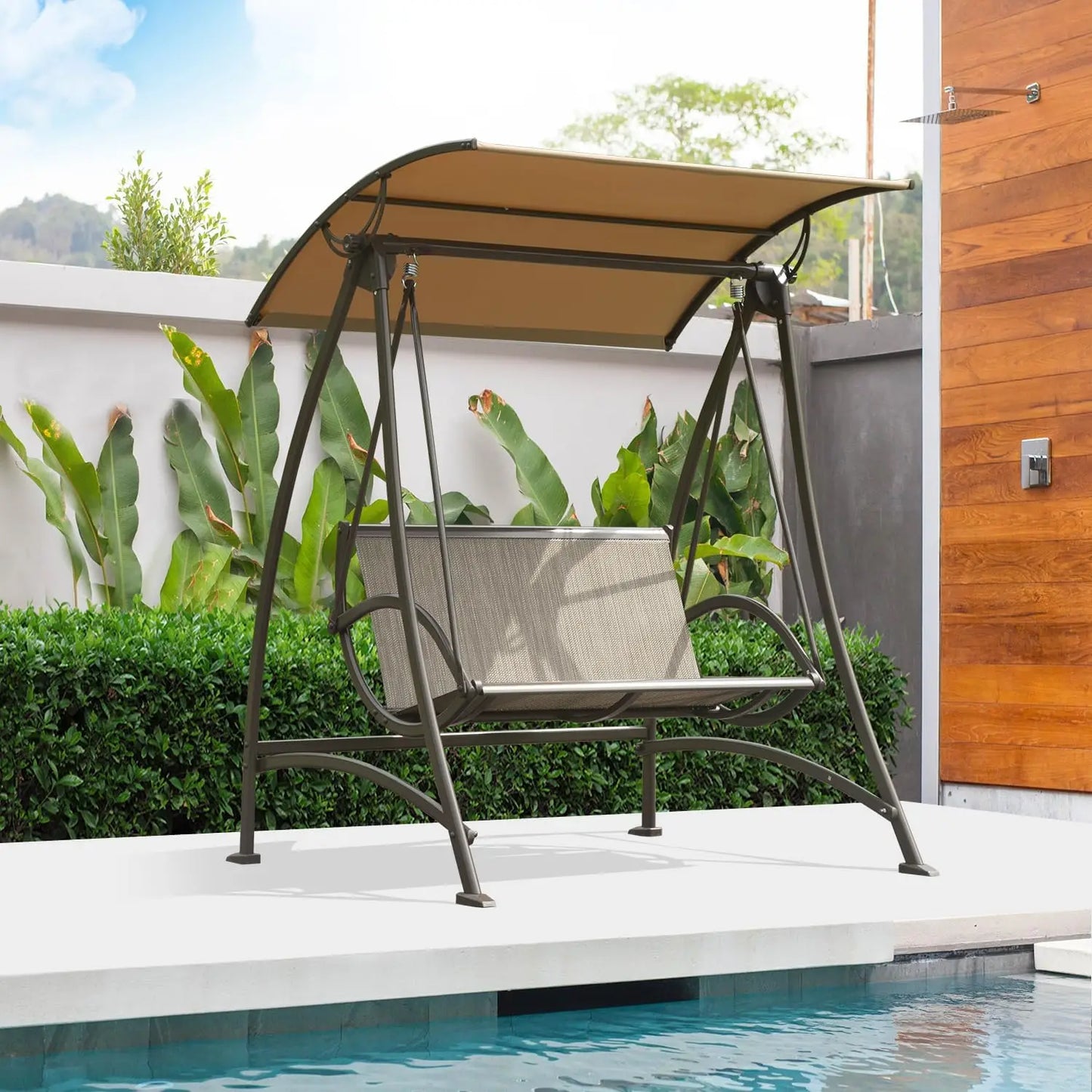 Domi Porch Patio Swing with Adjustable Canopy, 3-seat Swing with Stand, Outdoor Swings w/Armrests, Weather Resistant Steel Frame