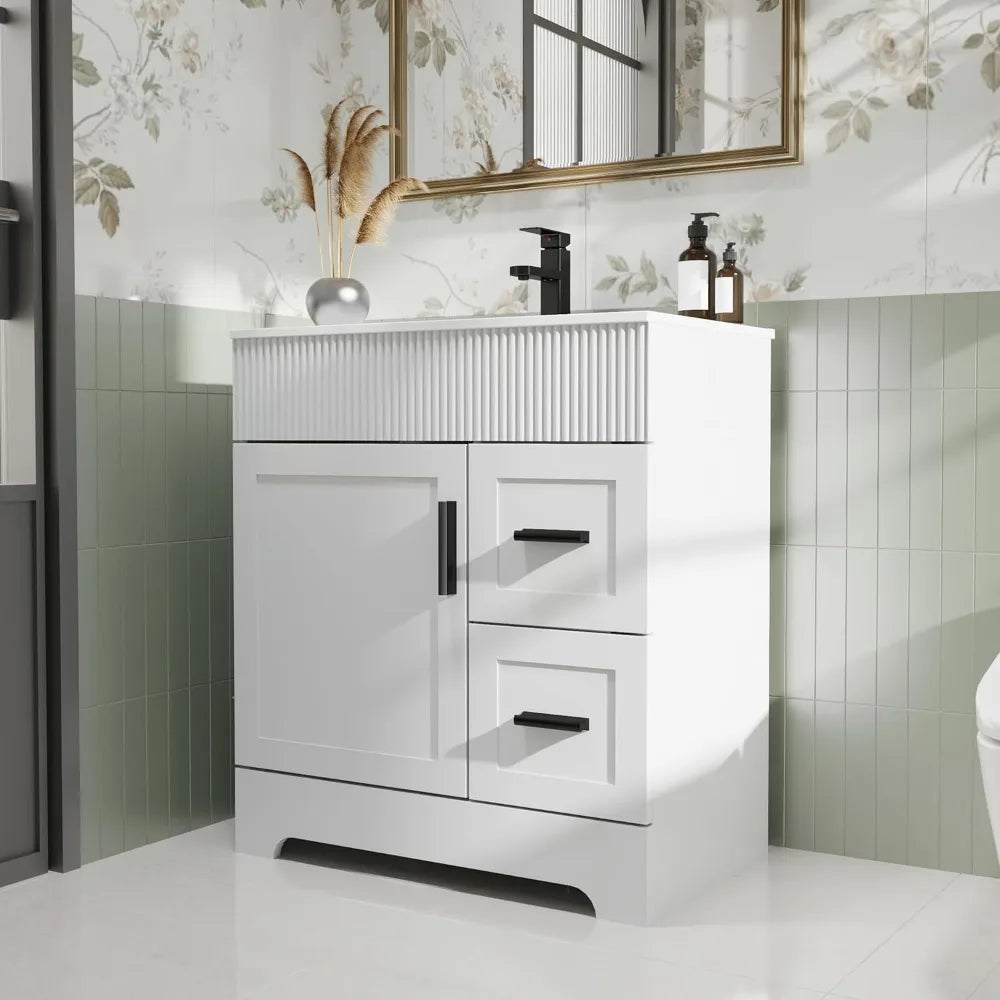 30" Bathroom Vanities Sink Combo with Painted Surface, Modern Drawered Cabinet W/Decorative Wave Lines, Undermount Single Sink,