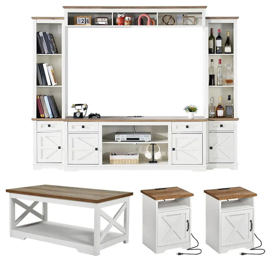 Farmhouse Living Room Table Set With TV Stand And Shelves