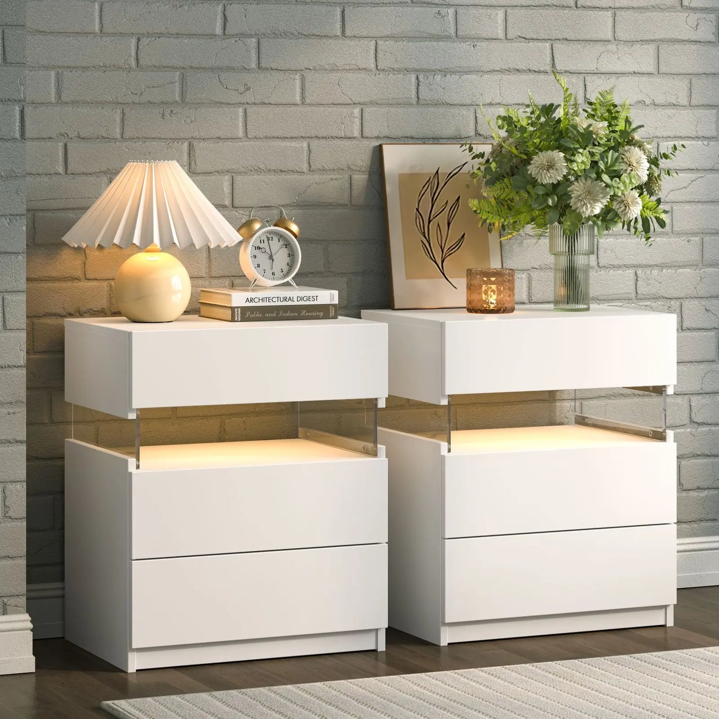 Cubehom Bedside Tables 2Pack With LED Lighting And 3 Drawers