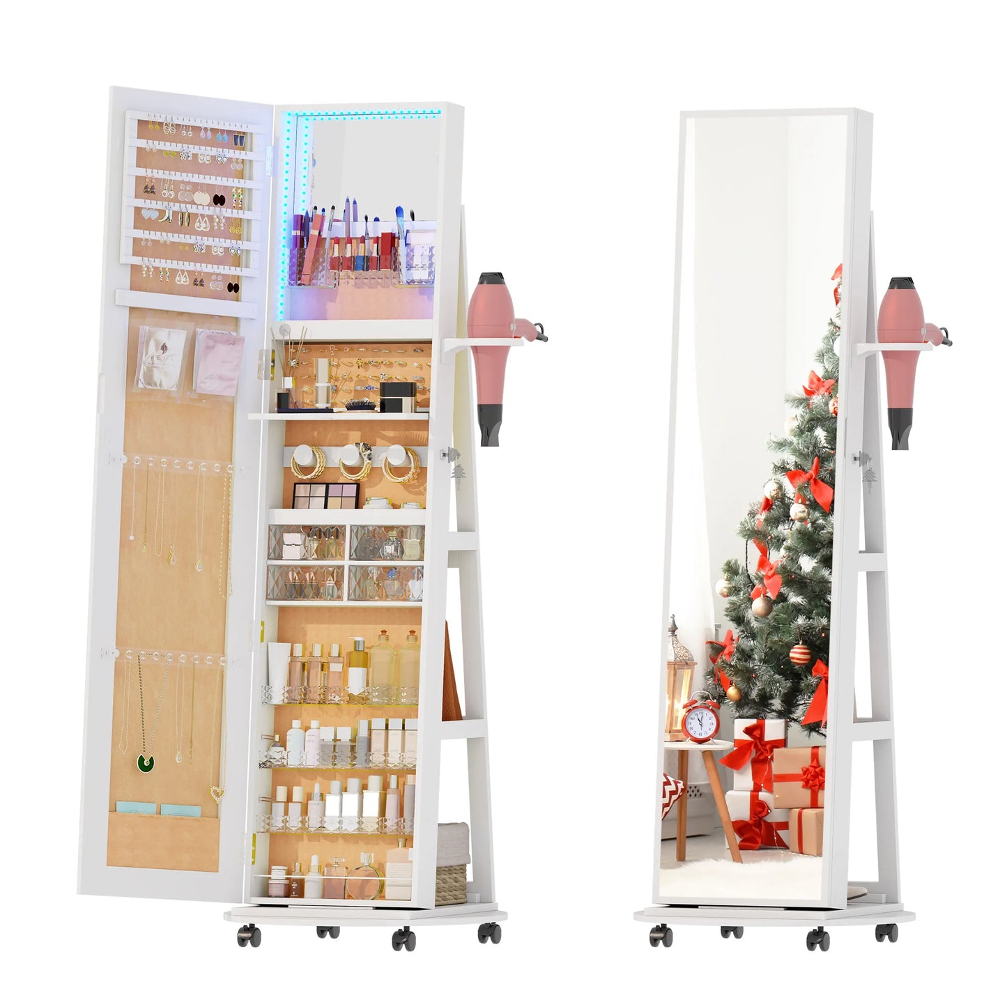 Full Length Mirror with Jewelry Storage, 360° Rotating Jewelry Armoire Organizer with Lights, Lockable Mirror Jewelry Cabinet