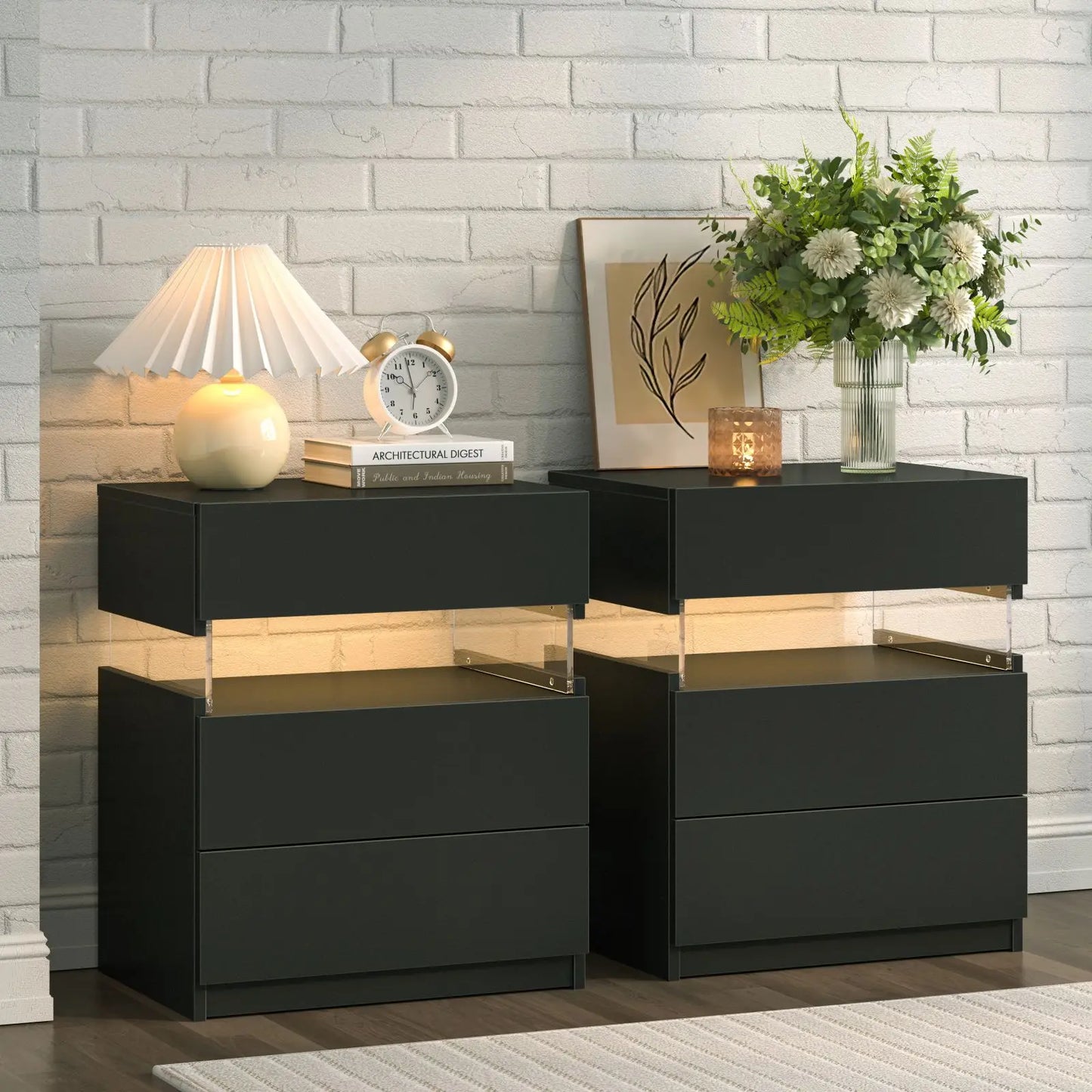 Cubehom Bedside Tables 2Pack With LED Lighting And 3 Drawers