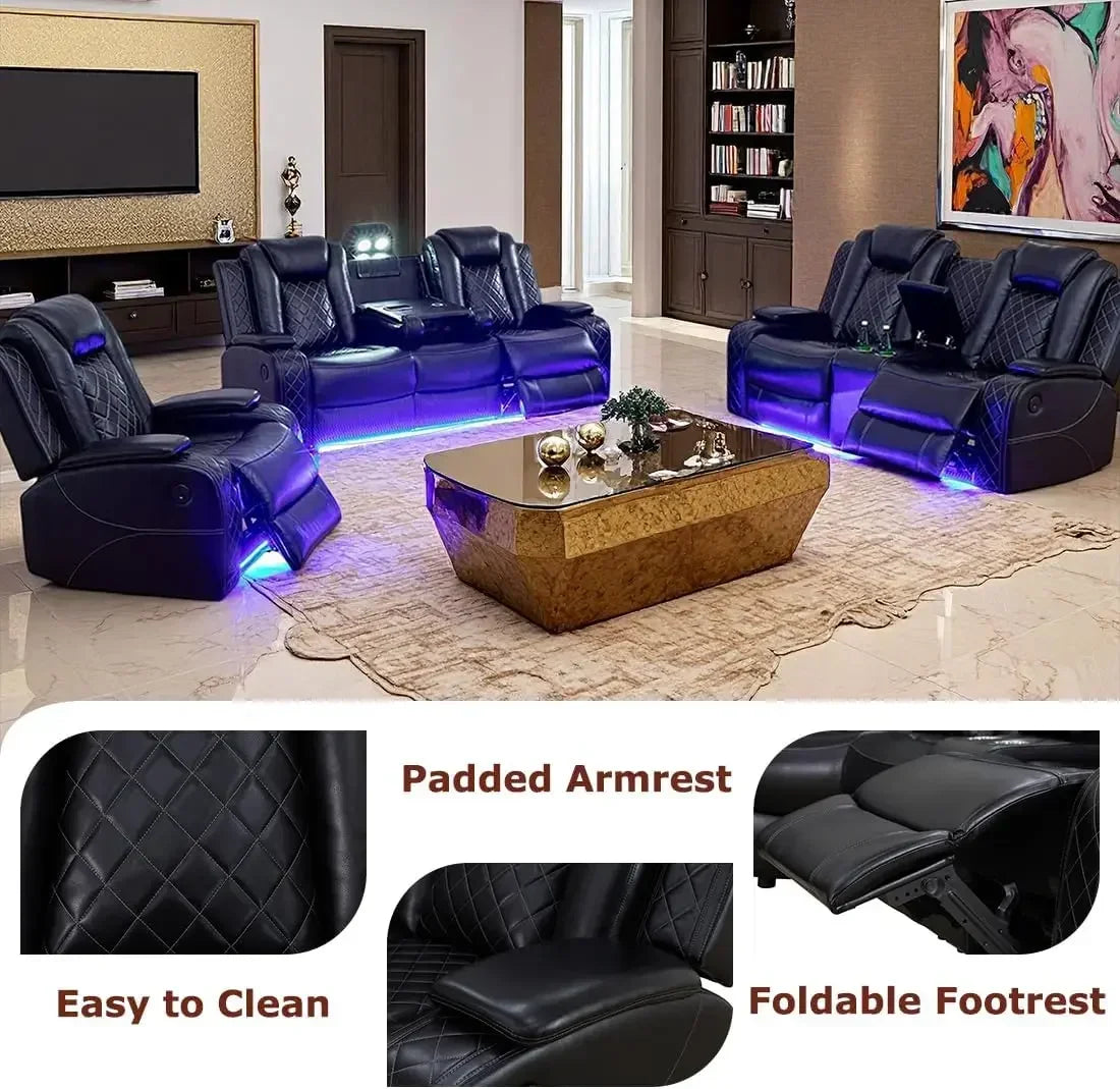 Power Recliner Sofa Set 3 Piece Sectional With LED Lighting