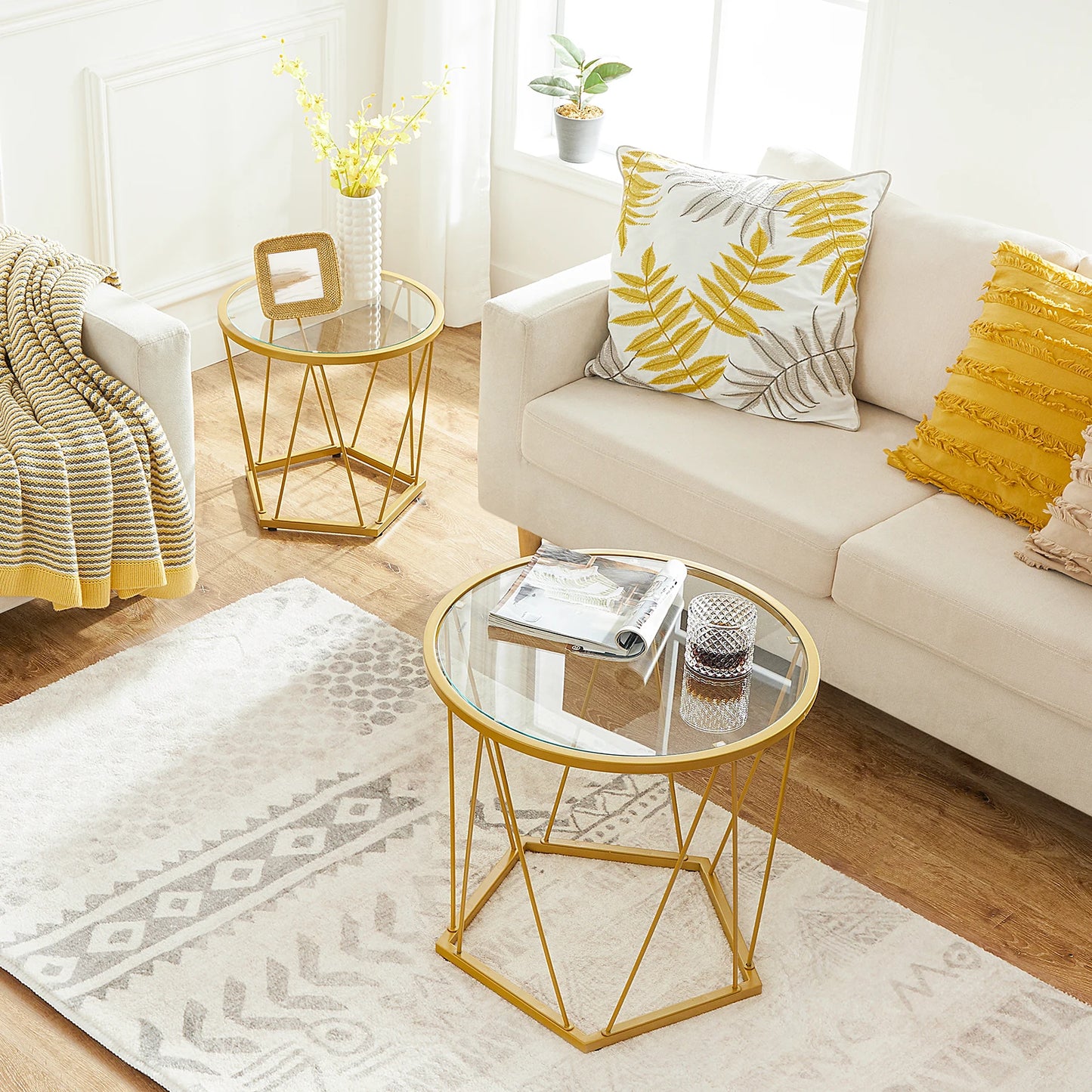 HOOBRO Round Coffee Tables Set Of 2 Glass Top Metal Frame Living Room