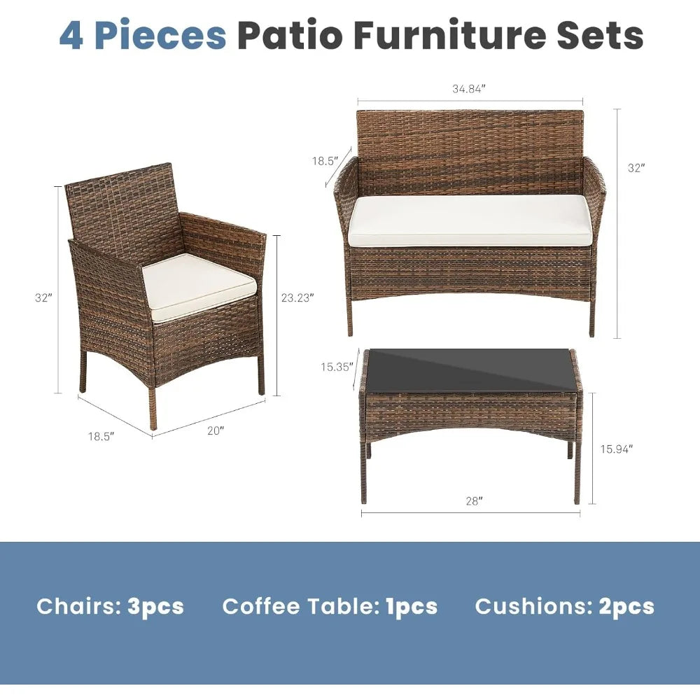 patio furniture set 4 pieces, outdoor wicker furniture with coffee table, modern rattan patio chairs conversation sets with sof