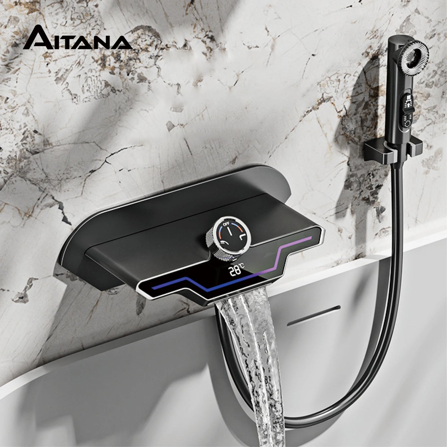 Luxury black brass wall mounted thermostatic bathroom faucet with LED digital display design, embedded hot and cold bathtub Tap