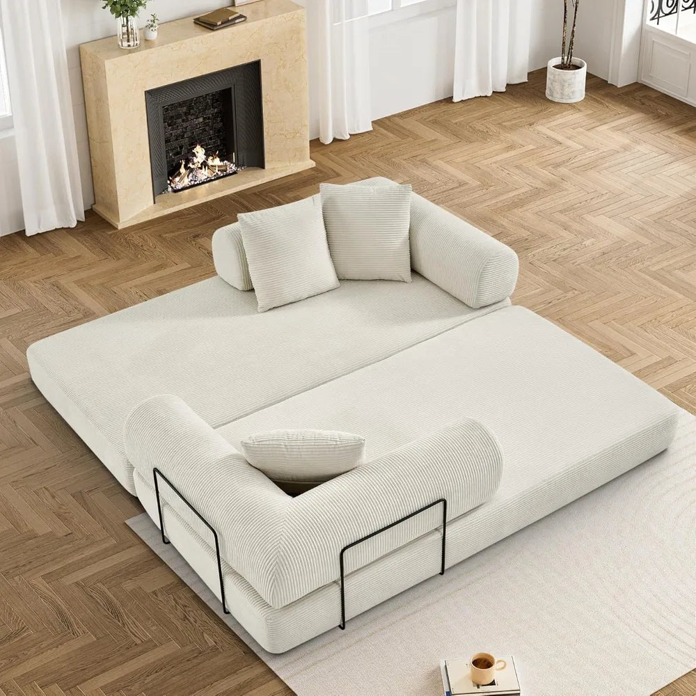 Convertible Sleeper Sofa Bed with Pillow, 4-in-1 Corduroy Folding Mattress Couch with Fixed-Shape Frame, Fold Out Floor Sofa Cam