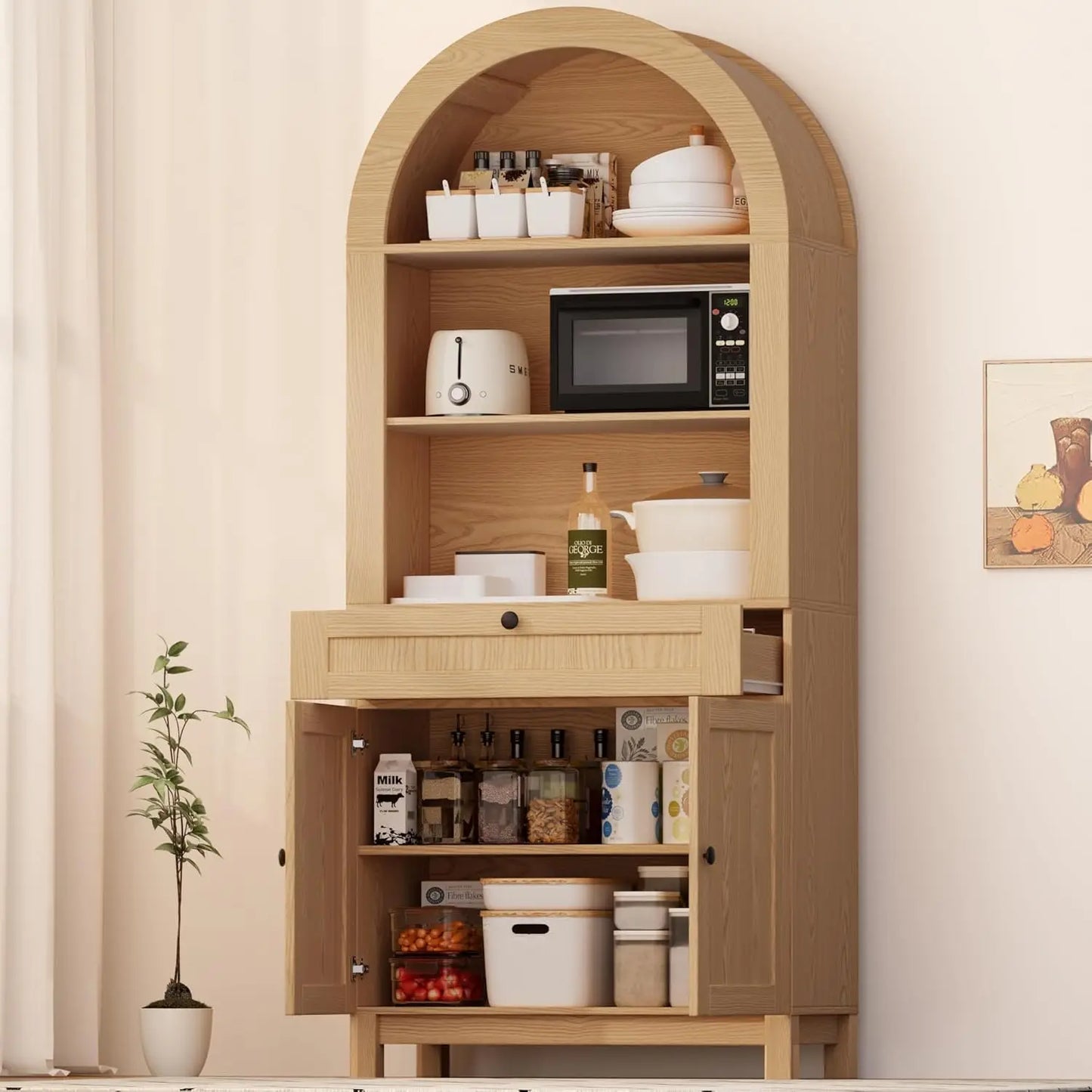 Chengwei Arched Pantry Cabinet Engineered Wood With Smooth Gliding Drawers
