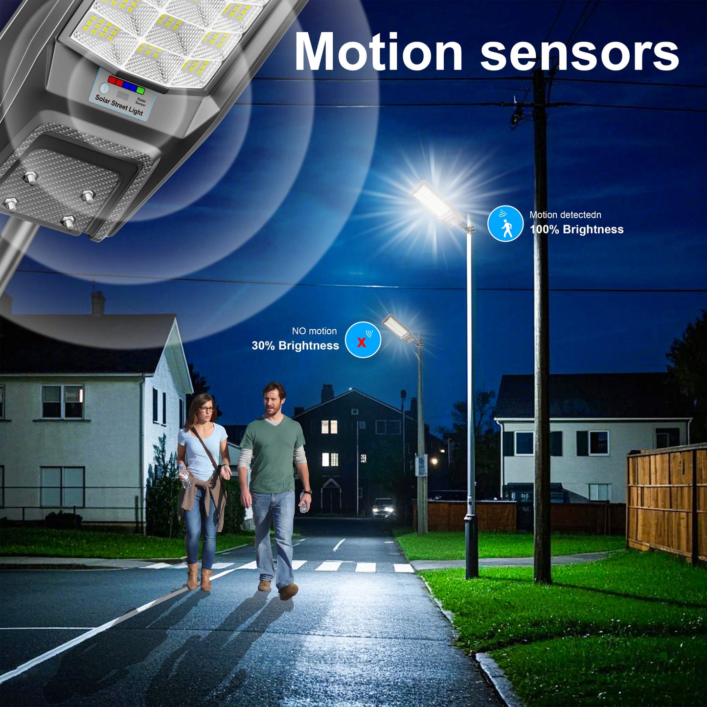 Outdoor waterproof solar light with motion sensor, timer, constant bright mode, dusk-to-dawn, for yard, parking lot, IP65
